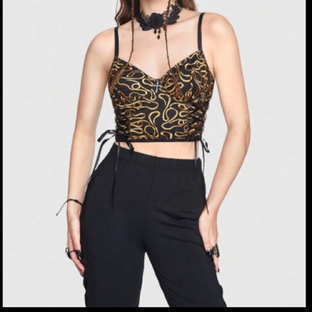 NEW GOTH NILE QUEEN GOTH & BLACK EMBROIDERED LACE UP TOP - Picture 2 of 6